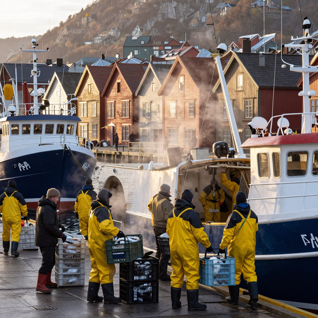 Busy Bergen Wharf at Nautical Dawn with Local Fishermen and Condensation on Metal Railings in in Bergen, Norway