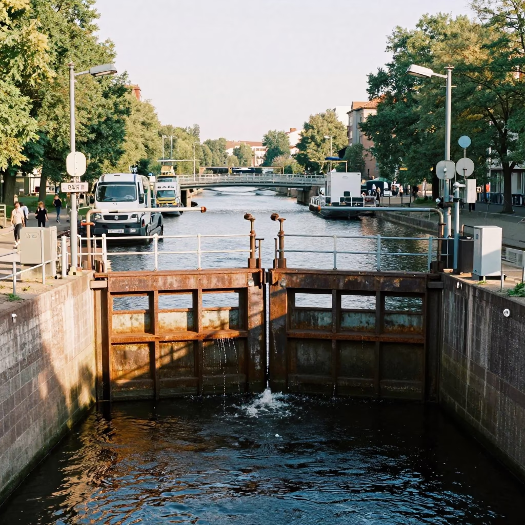 Busy Berlin Afternoon Scene with Sluice Gate and Canal Edge in in Berlin, Germany