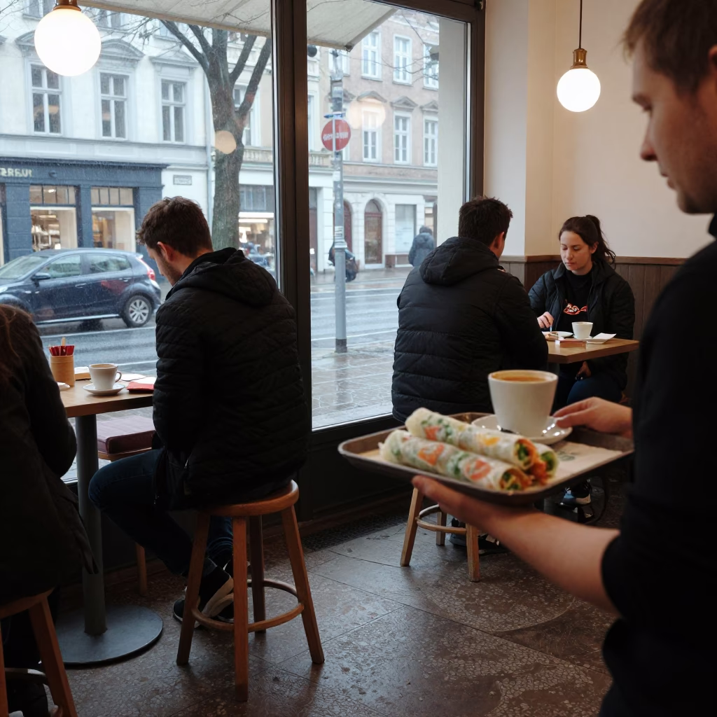 Busy Berlin Cafe Interior Early Morning Coffee and Breakfast Scene in in Berlin, Germany