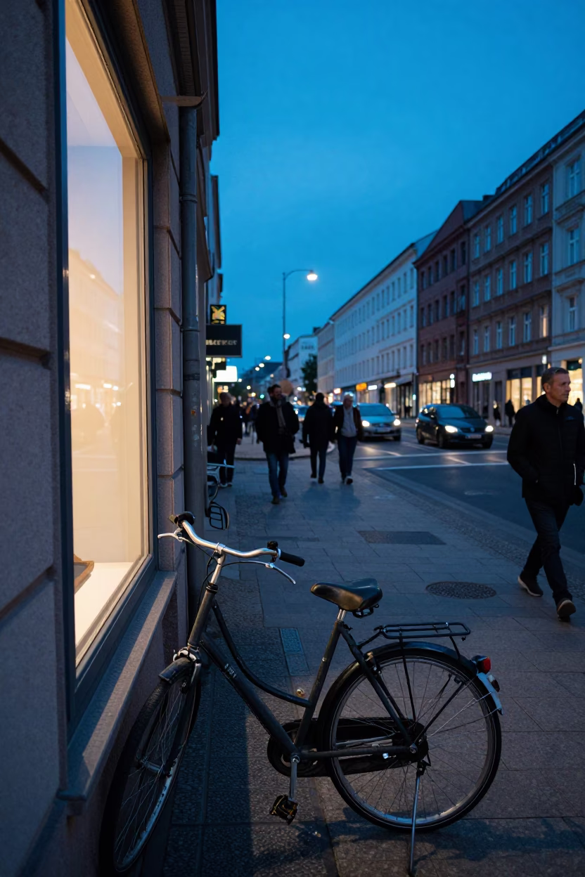 Busy Berlin Evening Street Scene with Bicycle and Window Light in Last Blue Light in in Berlin, Germany