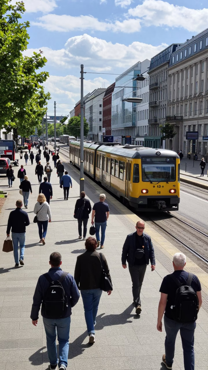 Busy Berlin Germany Midday Street Scene with Commuter Train and Urban Life in in Berlin, Germany