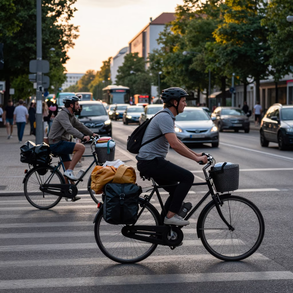 Busy Berlin Late Afternoon Street Scene with Bicycle and Urban Details in in Berlin, Germany