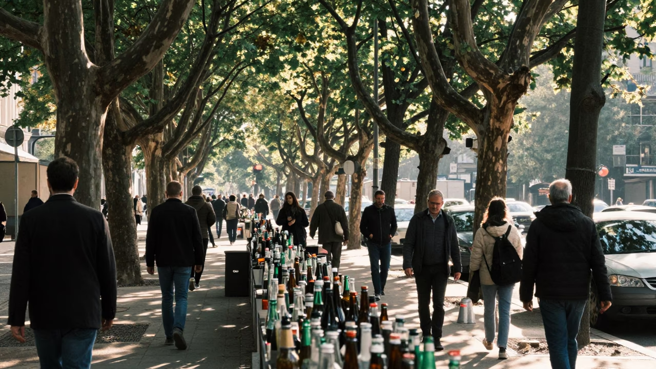 Busy Berlin Late Morning Street Scene with Glass Bottles and Urban Life in in Berlin, Germany