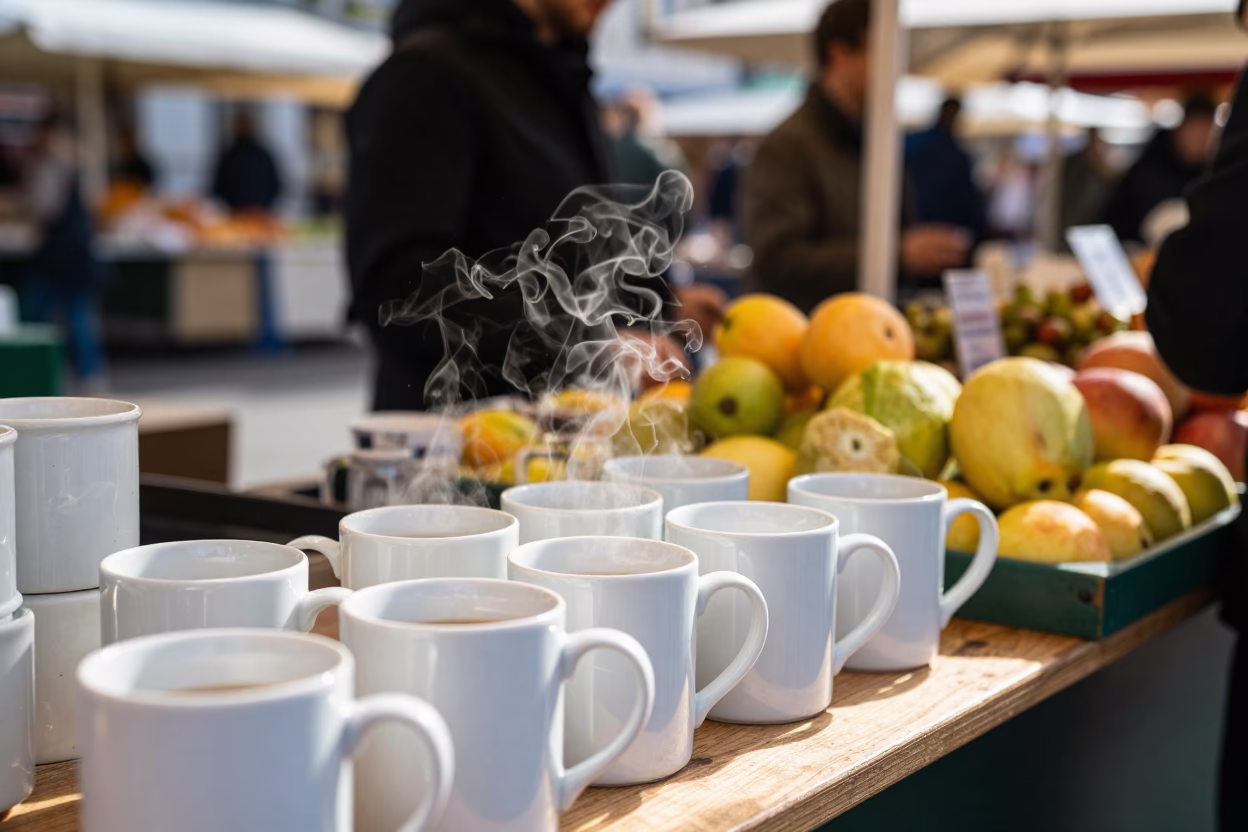 Busy Berlin Market Stall with Coffee Mugs and Fruit Crates in Bright Midmorning Light in in Berlin, Germany