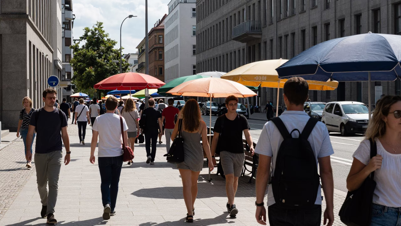 Busy Berlin Midday Street Scene with Umbrellas and Urban Activity in in Berlin, Germany