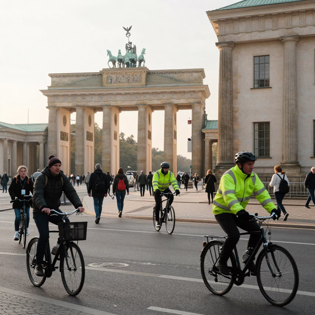 Busy Berlin Morning Street Scene with Commuters and Cyclists Near Brandenburg Gate in in Berlin, Germany