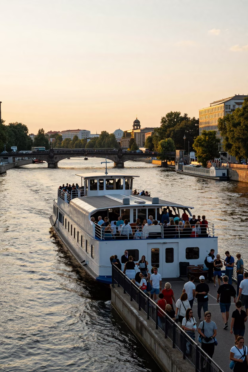 Busy Berlin River Ferry Crossing at Golden Hour with Commuters and Urban Architecture in in Berlin, Germany