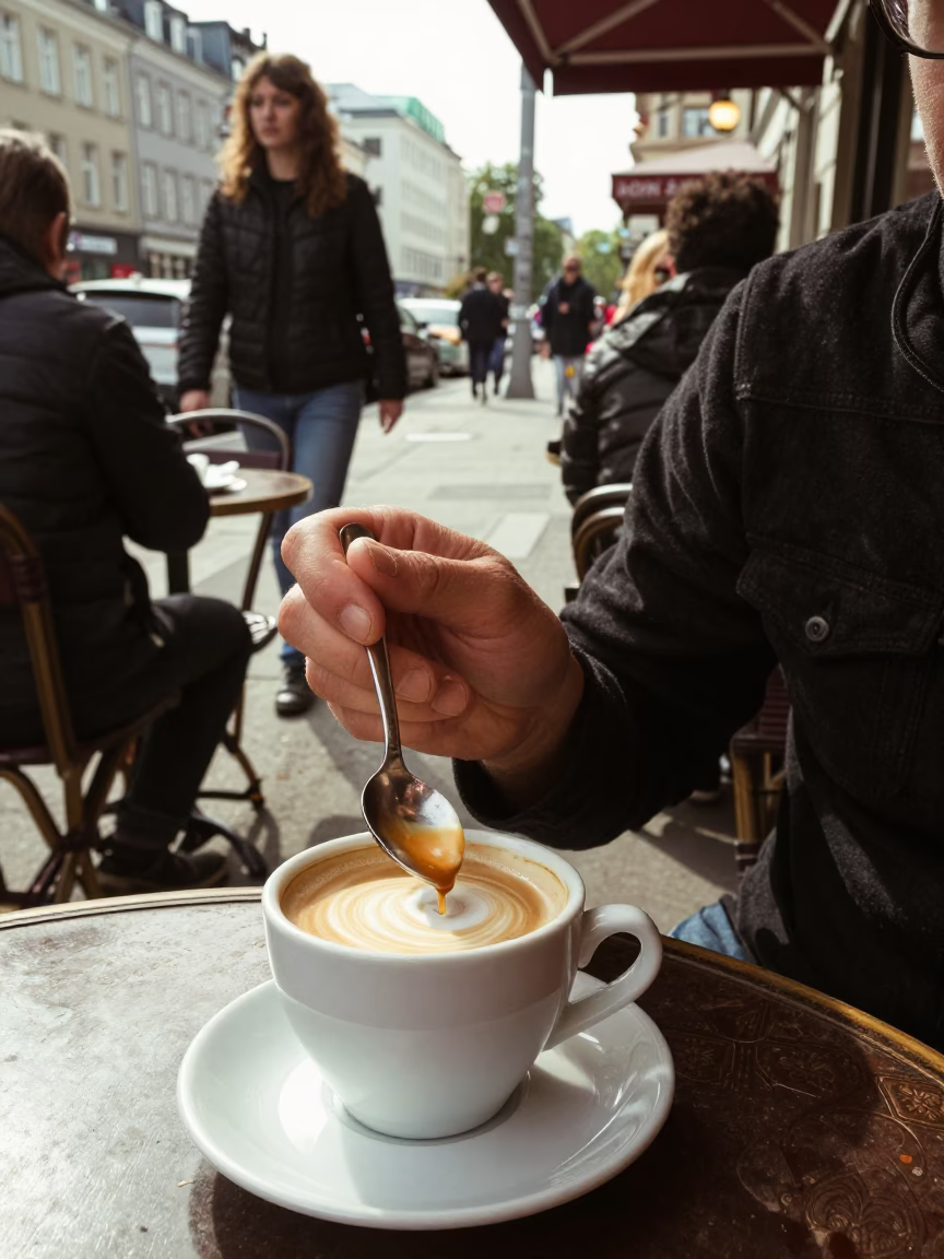 Busy Berlin Street Cafe Midday Scene with Coffee Cupper and Vintage 1980s Atmosphere in in Berlin, Germany