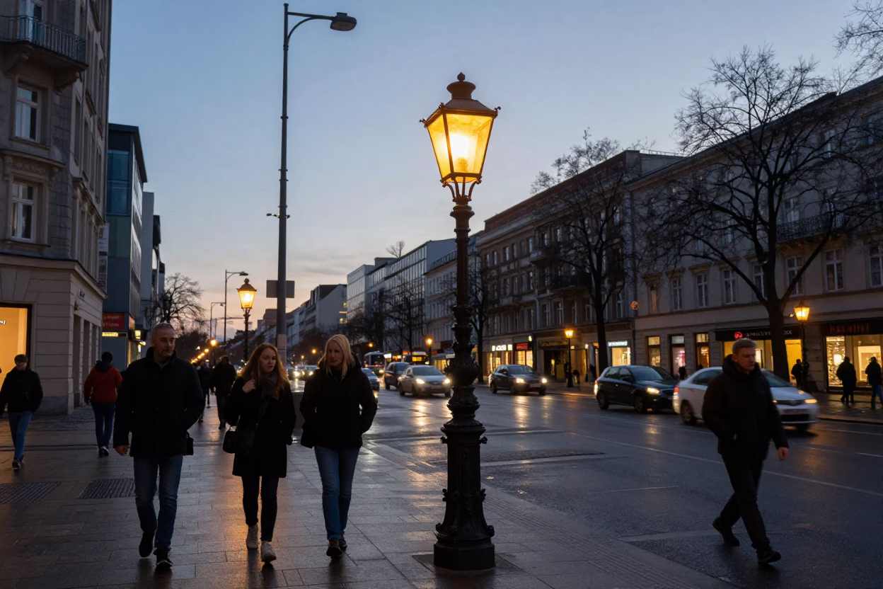 Busy Berlin Street Corner Early Evening Lantern Glow and Local Interaction in in Berlin, Germany