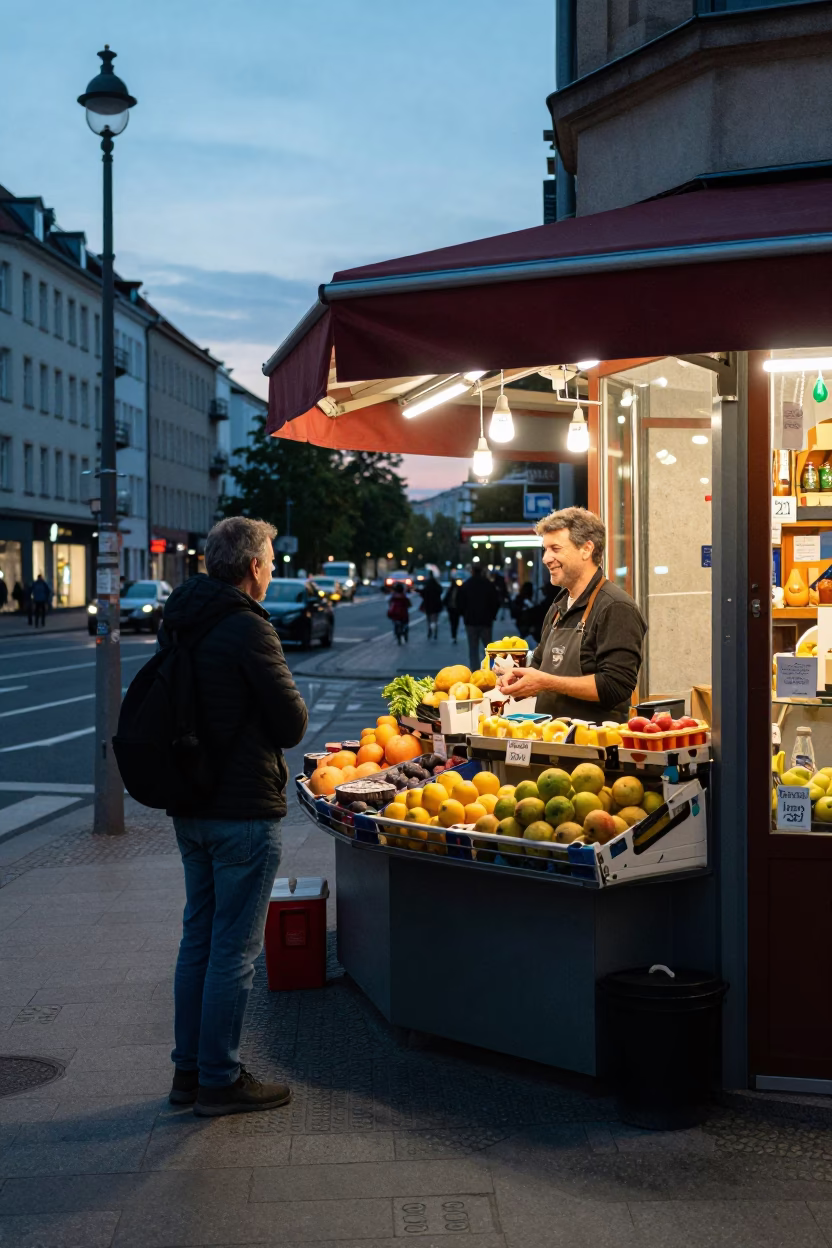 Busy Berlin Street Corner Early Evening with Local Shopkeeper and Pedestrians in in Berlin, Germany