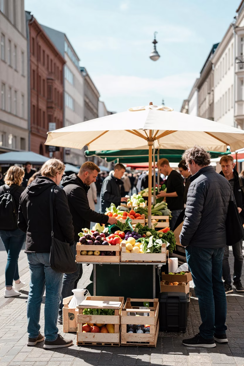 Busy Berlin Street Corner in Bright Midmorning Light with Local Market Goods in in Berlin, Germany