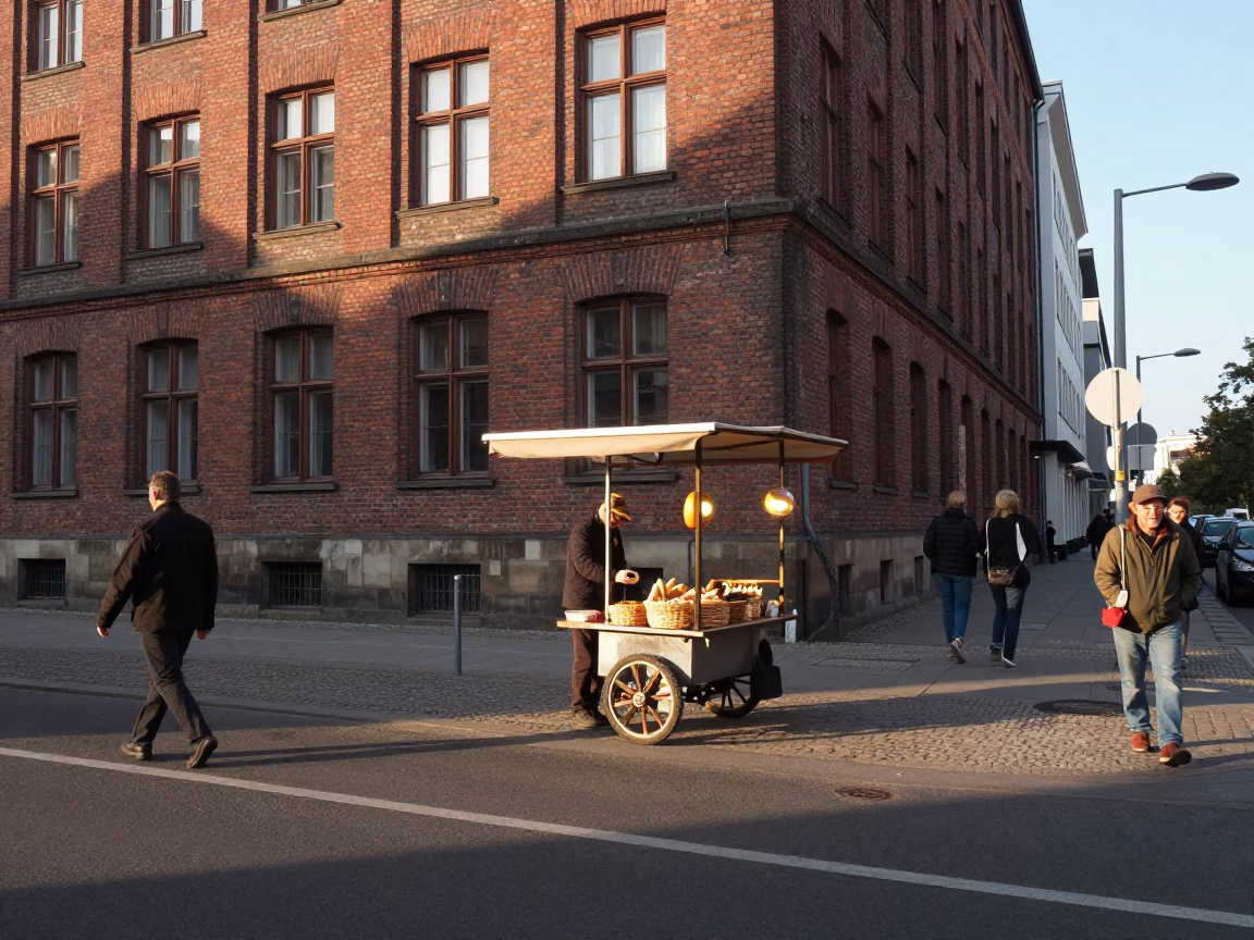 Busy Berlin Street Corner Late Morning with Bread Basket and Urban Activity in in Berlin, Germany