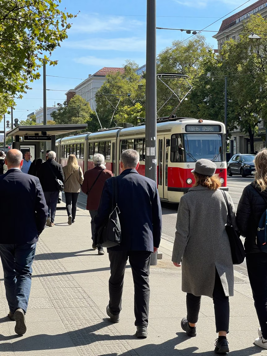 Busy Berlin Street Corner Midday with Vintage Trams and Pedestrians in 1960s Germany in in Berlin, Germany