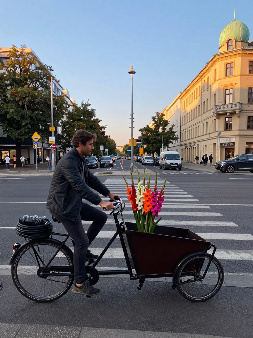 Busy Berlin Street Corner with Cargo Bicycle and Hose Nozzle in Early Afternoon Light in in Berlin, Germany