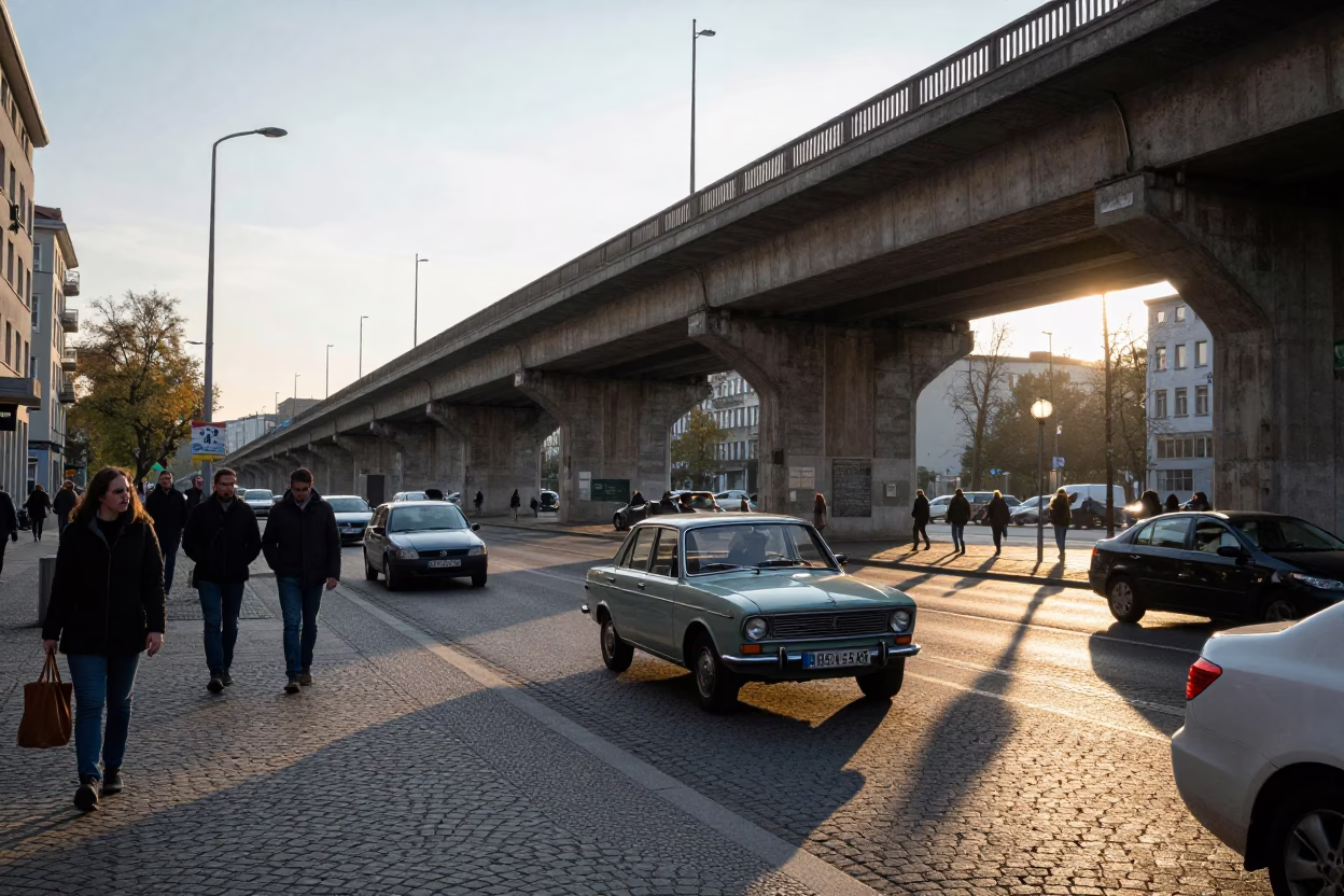 Busy Berlin Street Scene After Sunrise With Vintage Car Rally And Concrete Viaduct in in Berlin, Germany
