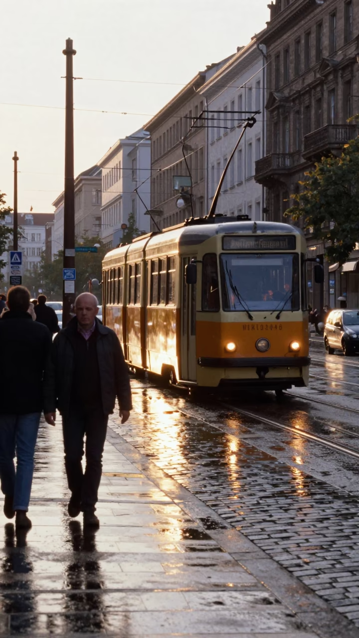 Busy Berlin Street Scene After Sunrise With Vintage Tram And Cobblestone Reflections in in Berlin, Germany
