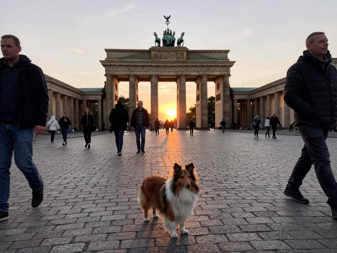Busy Berlin Street Scene at Dusk with Shetland Sheepdog and Hinge on Urban Bench in in Berlin, Germany