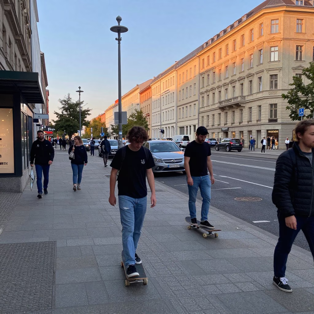 Busy Berlin Street Scene at Dusk with Skateboarder and Local Shop Details in in Berlin, Germany