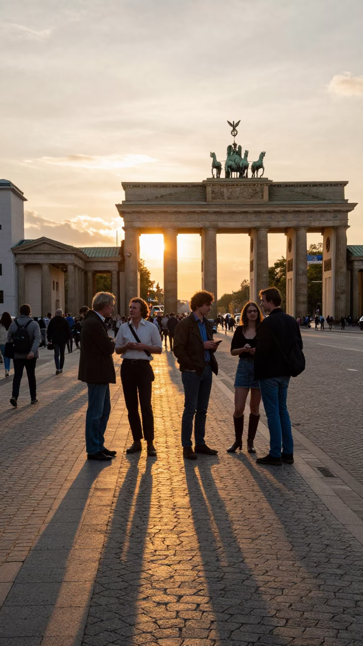 Busy Berlin Street Scene at Sunset with Cobblestones and Vintage 1980s Atmosphere in in Berlin, Germany