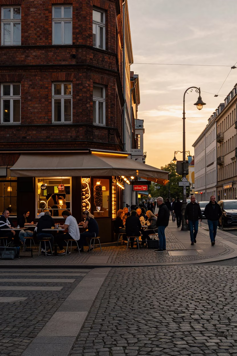 Busy Berlin Street Scene at Sunset with Kebab and Ayran in in Berlin, Germany
