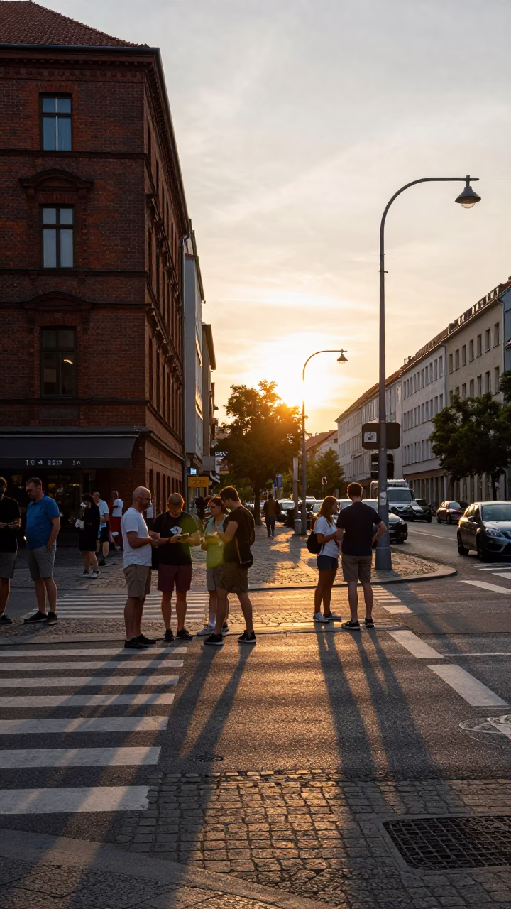 Busy Berlin Street Scene at Sunset with Local Interaction and Urban Details in in Berlin, Germany