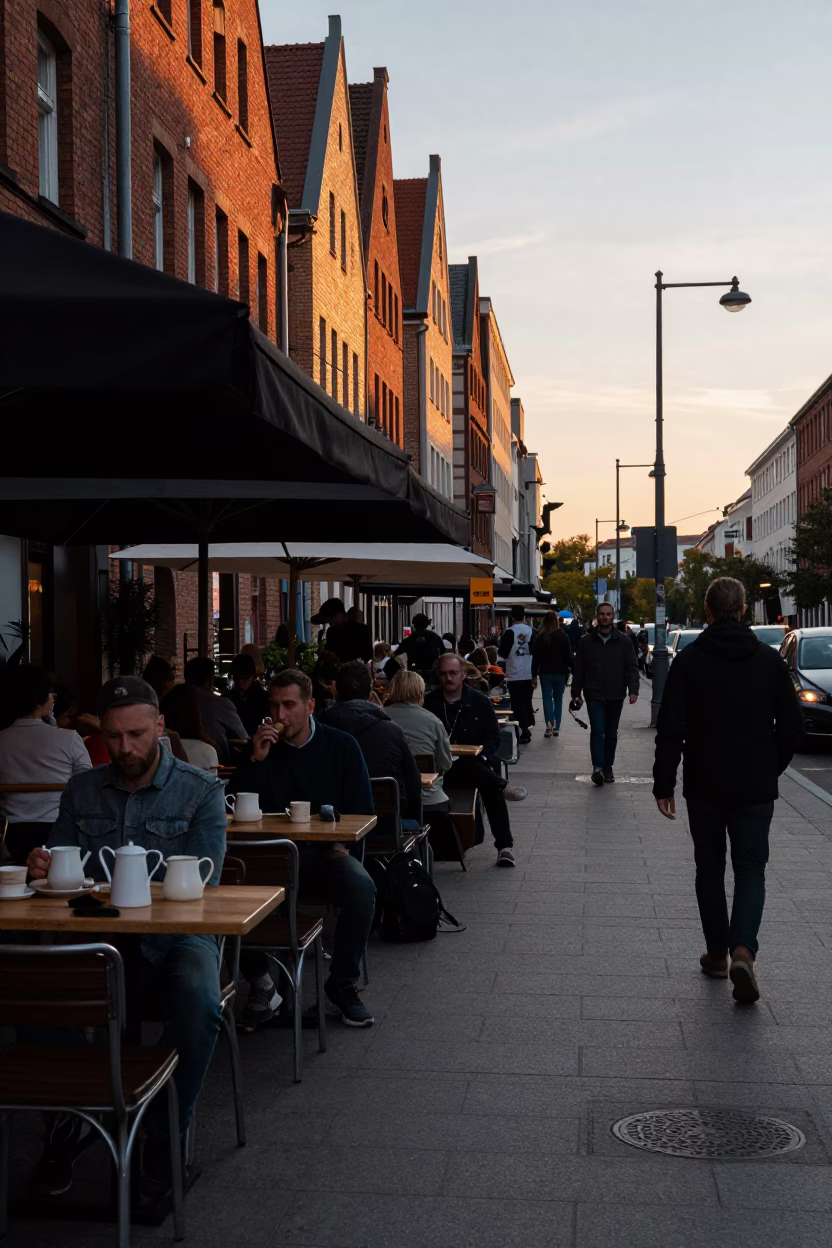Busy Berlin Street Scene at Sunset with Pitcher and Cash Box on Table in in Berlin, Germany