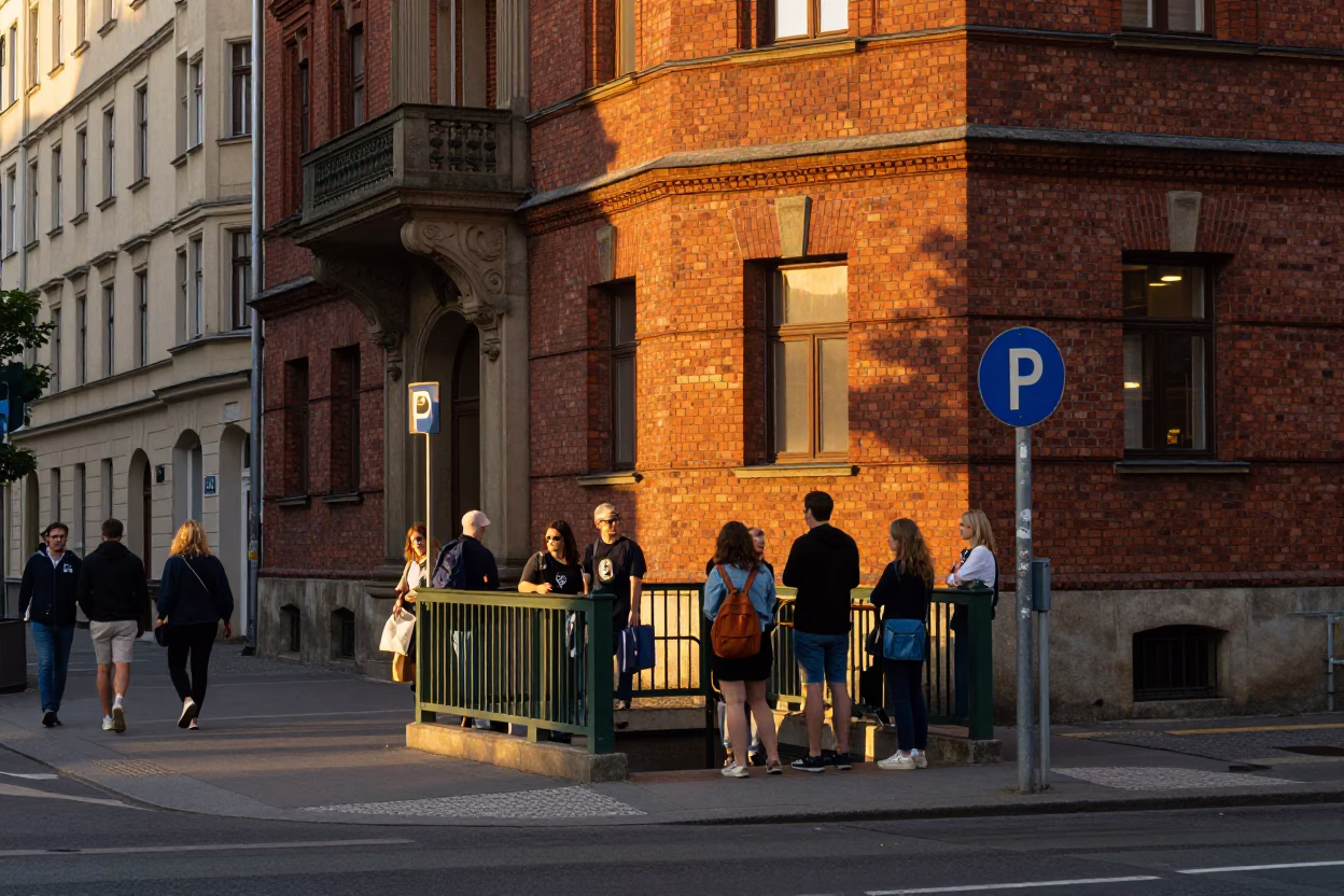 Busy Berlin Street Scene at Sunset with Vintage Details and Local Life in in Berlin, Germany