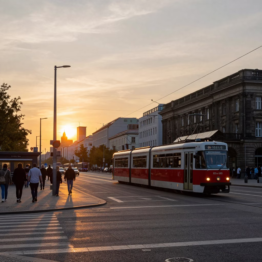 Busy Berlin Street Scene at Sunset with Vintage Tram and Pedestrians in in Berlin, Germany