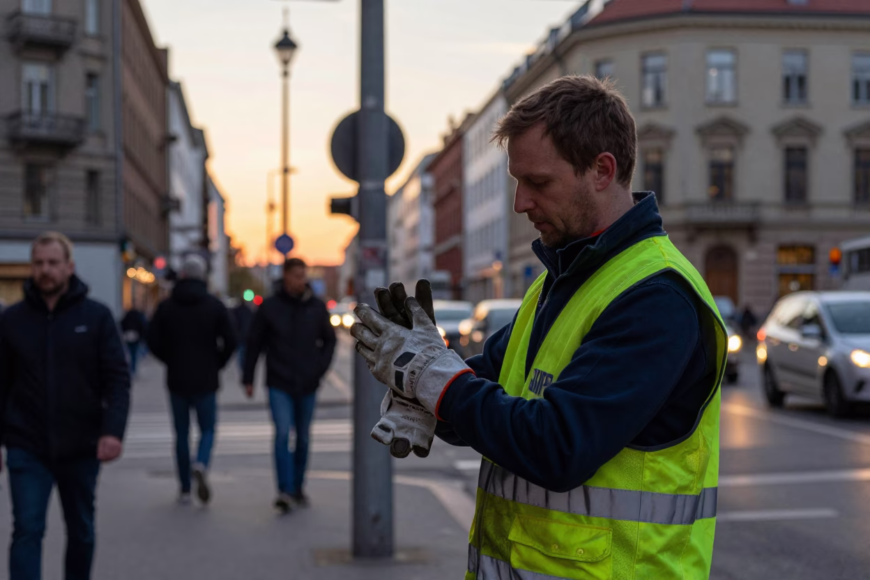Busy Berlin Street Scene at Sunset with Work Gloves and Urban Details in in Berlin, Germany