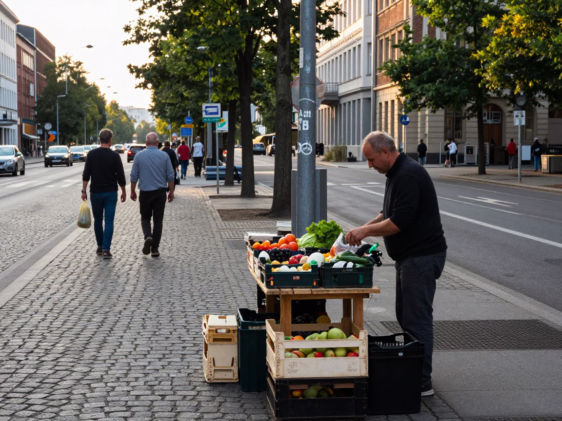 Busy Berlin Street Scene Early Afternoon with Cobblestones and Local Commerce in in Berlin, Germany