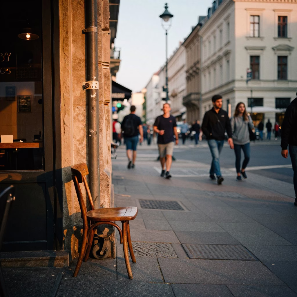Busy Berlin Street Scene in Honeyed Evening Light with Chair and Caster Wheel in in Berlin, Germany
