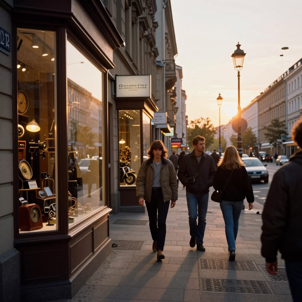 Busy Berlin Street Scene in Honeyed Evening Light with Shop Window Reflections in in Berlin, Germany