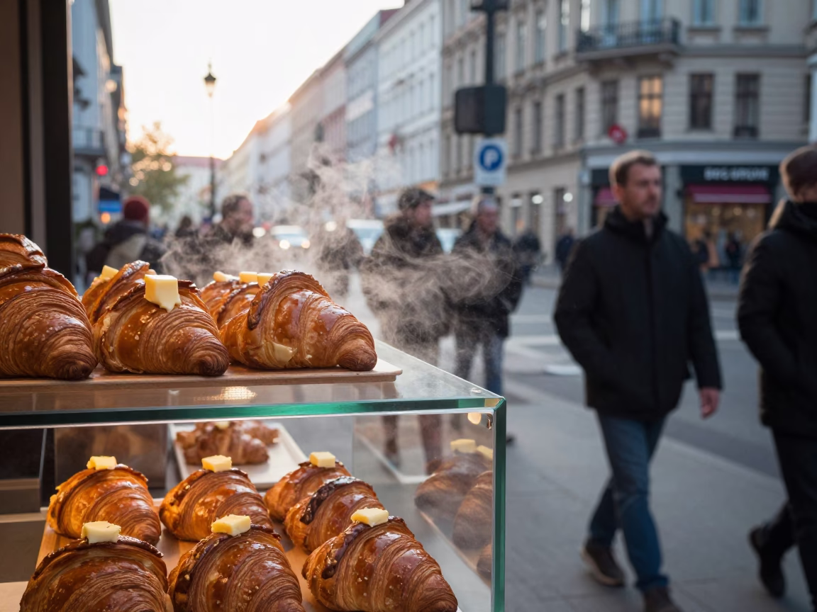 Busy Berlin Street Scene Just After Sunrise with Fresh Croissants and Condensation in in Berlin, Germany