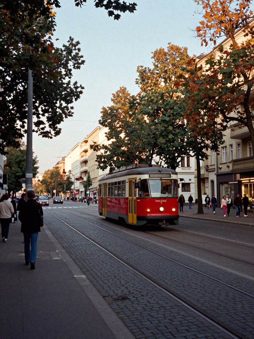 Busy Berlin Street Scene Late Afternoon Light 1970s Era Trolley and Cyclist in in Berlin, Germany