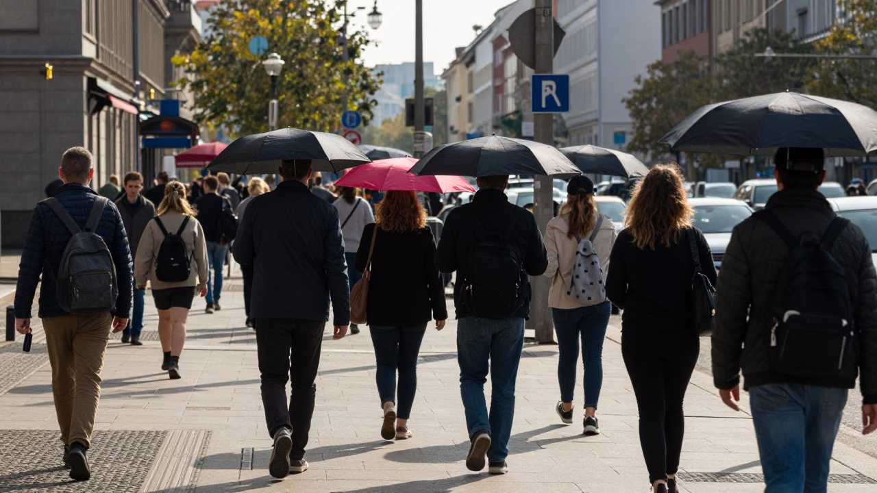 Busy Berlin Street Scene Late Morning with Umbrellas and Watering Bottle in in Berlin, Germany