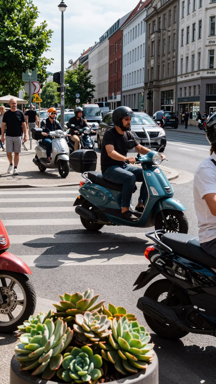 Busy Berlin Street Scene Midday with Scooter and Succulents in in Berlin, Germany
