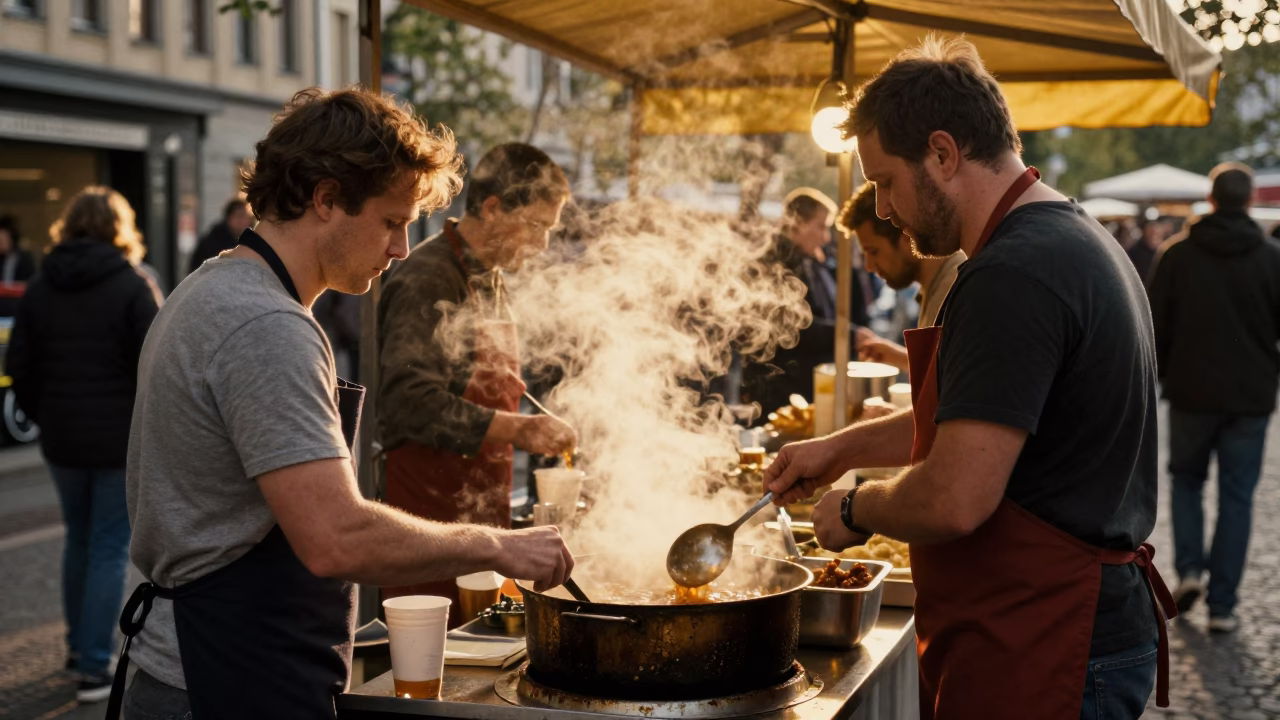 Busy Berlin Street Scene with Aprons and Dal in Honeyed Evening Light in in Berlin, Germany