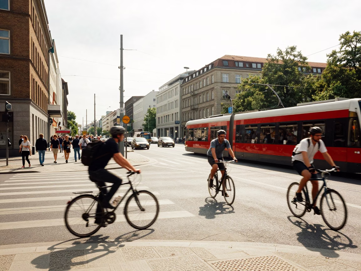 Busy Berlin Street Scene with Cyclists and Tram Under Flat Noon Glare in in Berlin, Germany