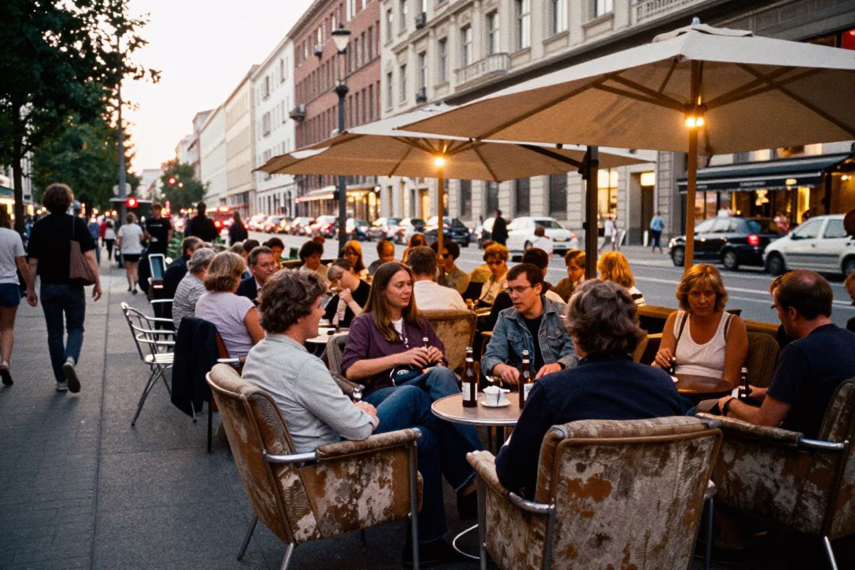 Busy Berlin Street Scene with Outdoor Cafe Seating and Evening Light in in Berlin, Germany