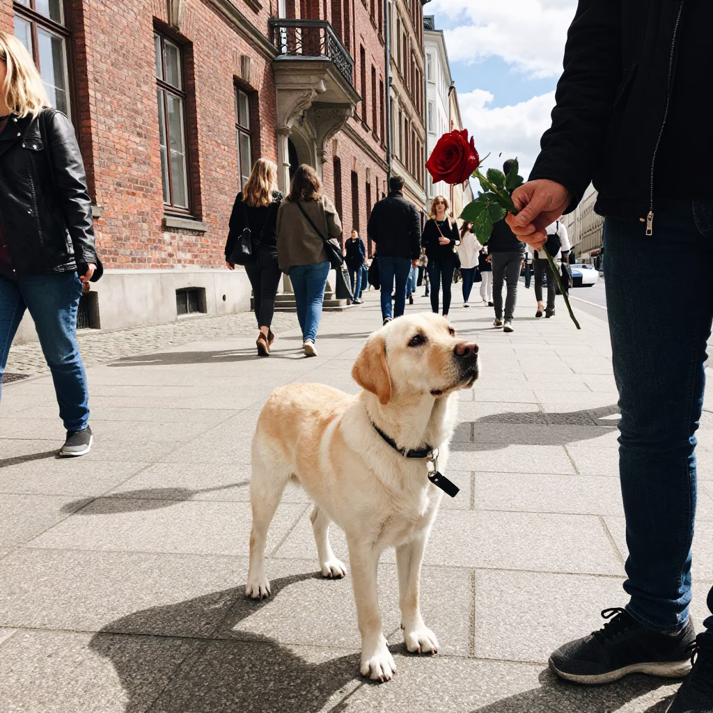 Busy Berlin Street Scene with Red Rose and Dog at Midday in in Berlin, Germany