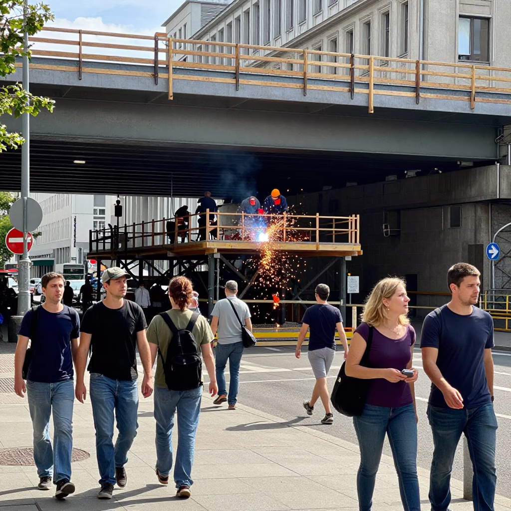 Busy Berlin Street Scene with Welding Sparks and Urban Construction at Midday in in Berlin, Germany