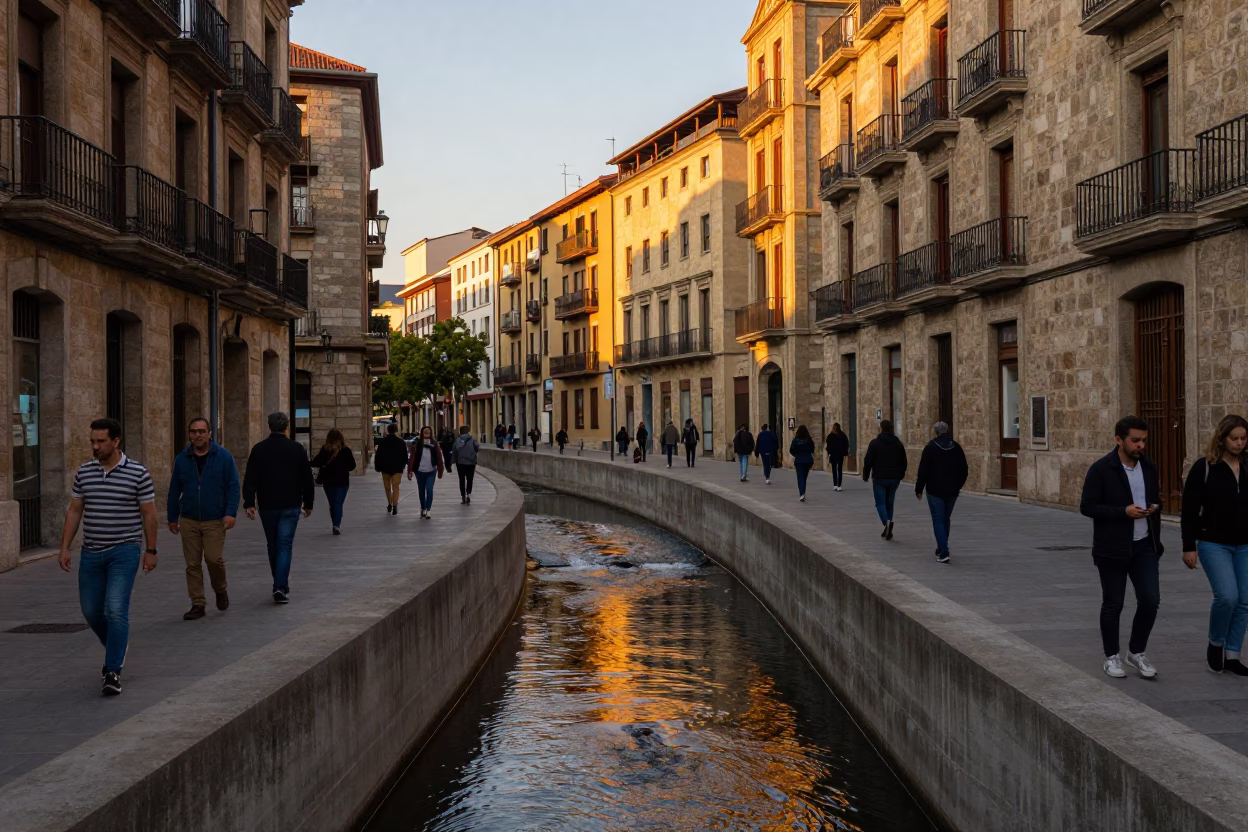 Busy Bilbao Evening Street Scene with Concrete Cooling Canal and Local Life in in Bilbao, Spain
