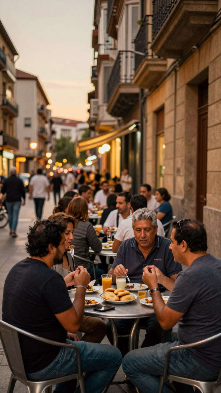 Busy Bilbao Evening Street Scene with Local Diners and Vintage Details in Honeyed Light in in Bilbao, Spain