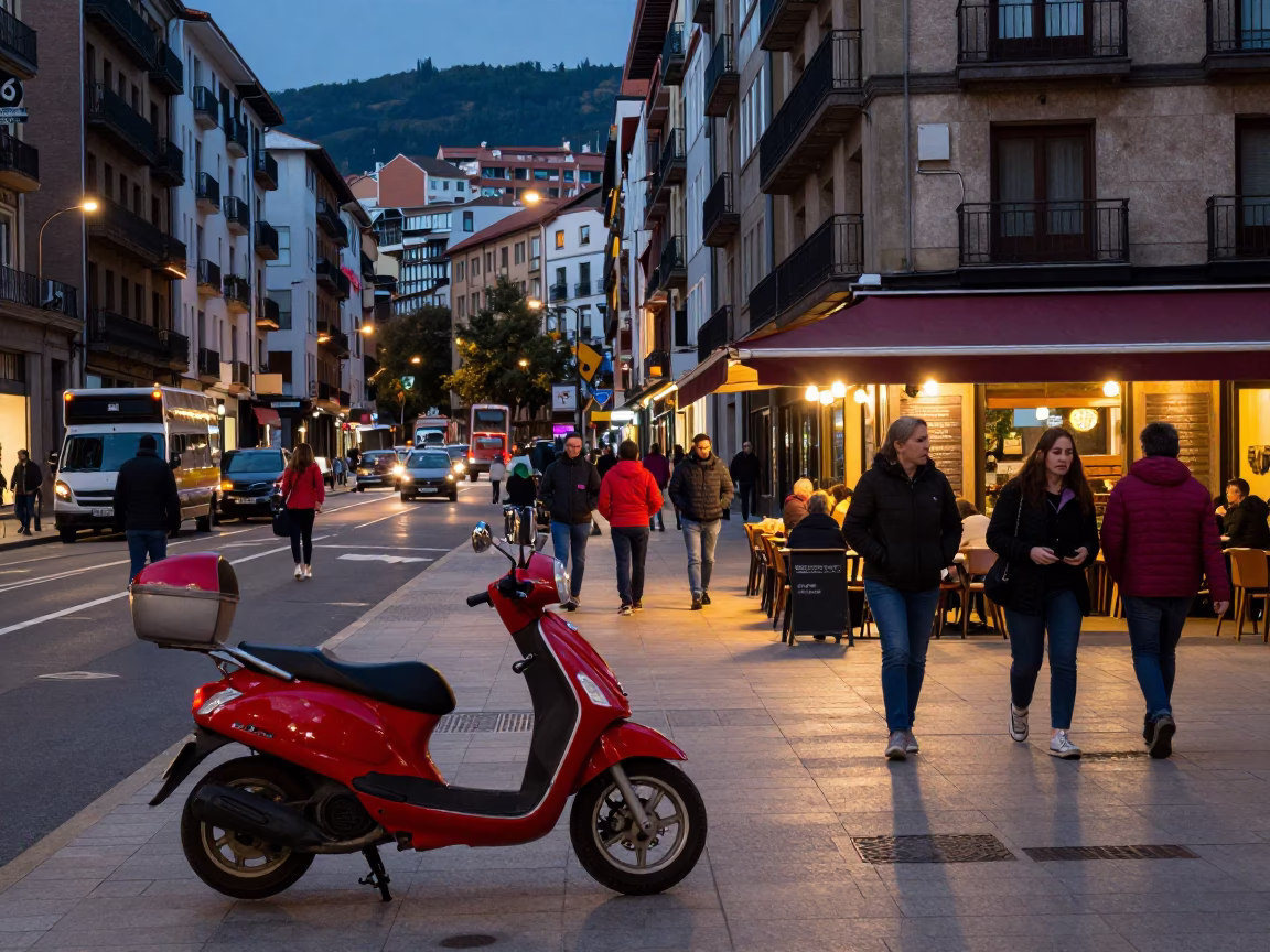 Busy Bilbao Evening Street Scene with Scooter and Urban Details in in Bilbao, Spain