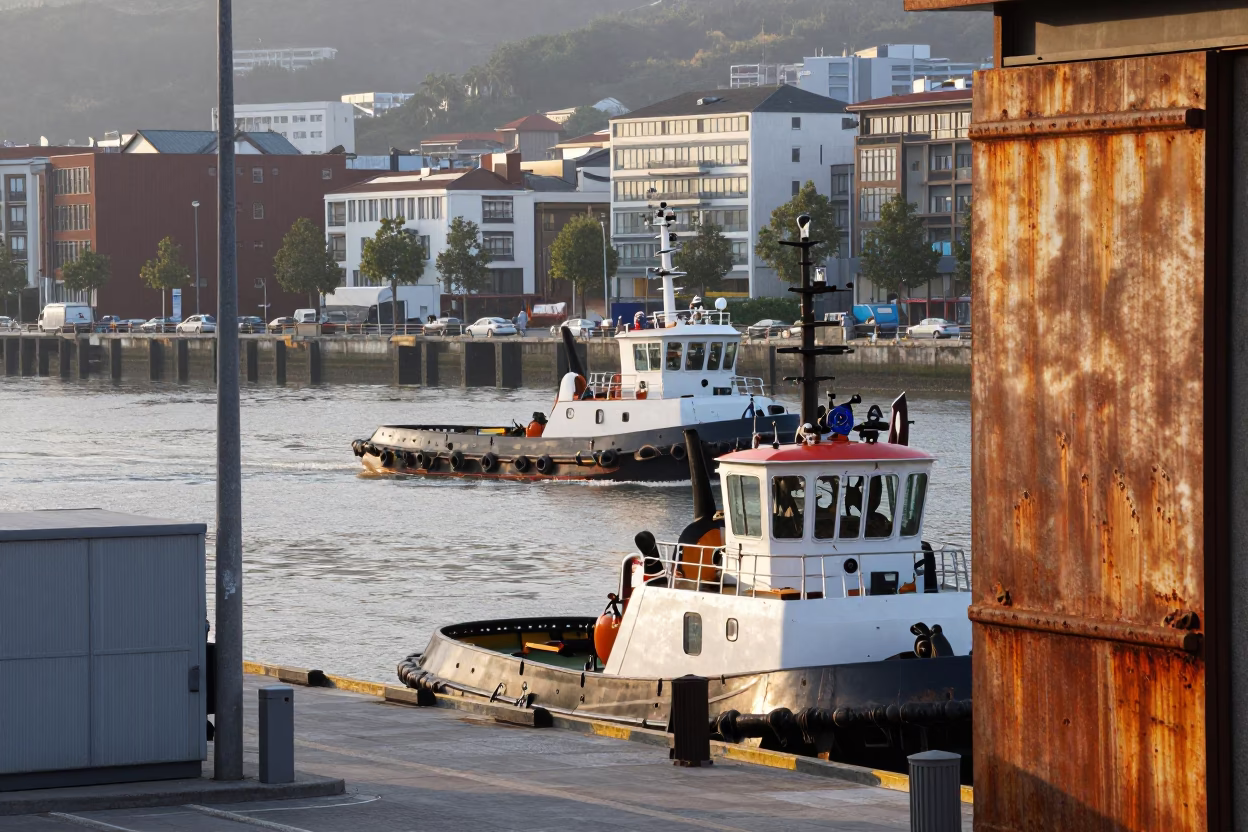 Busy Bilbao Harbor Morning with Tugboat and Rusty Door Latch in in Bilbao, Spain