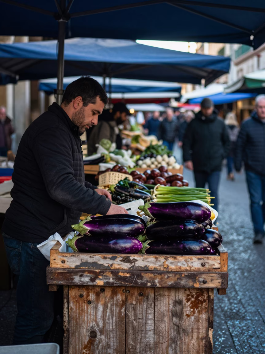 Busy Bilbao Market Stall Morning Light on Worn Wood and Vegetables in in Bilbao, Spain