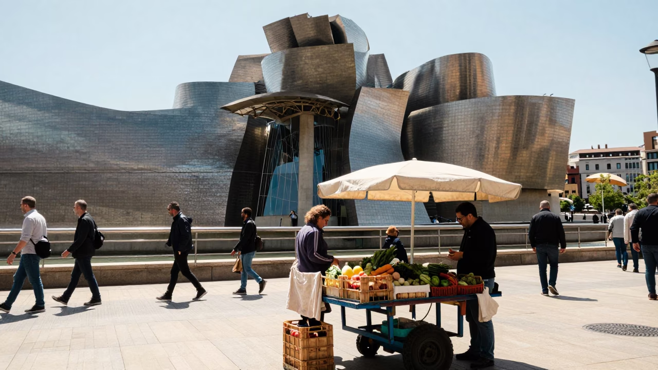 Busy Bilbao Midday Street Scene with Crate and Linen Runners in in Bilbao, Spain