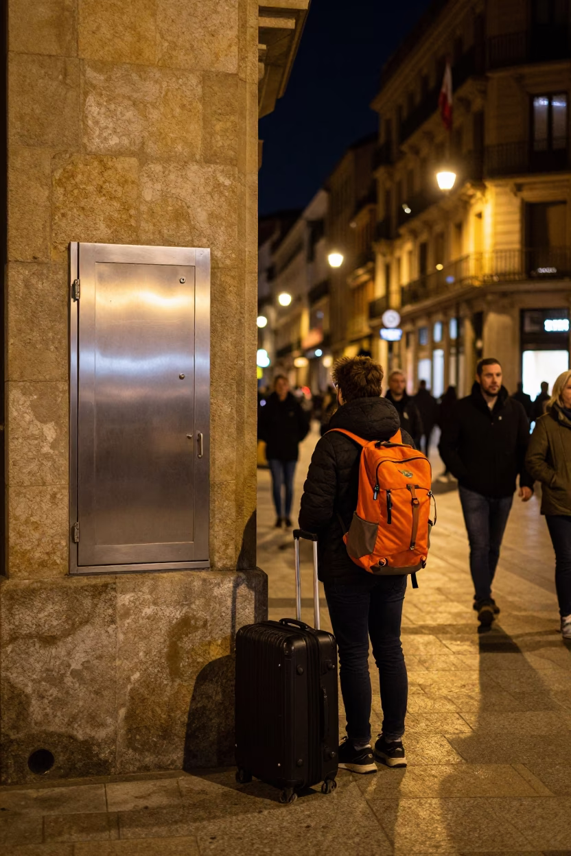 Busy Bilbao Night Street Scene with Luggage and Urban Details in in Bilbao, Spain