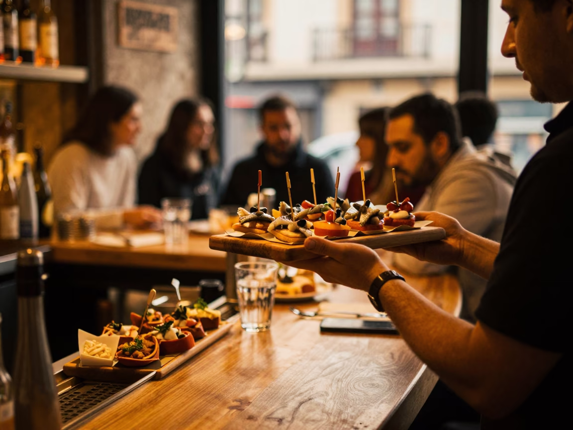 Busy Bilbao Pintxo Bar Counter with Spanish Tapas in Honeyed Evening Light in in Bilbao, Spain