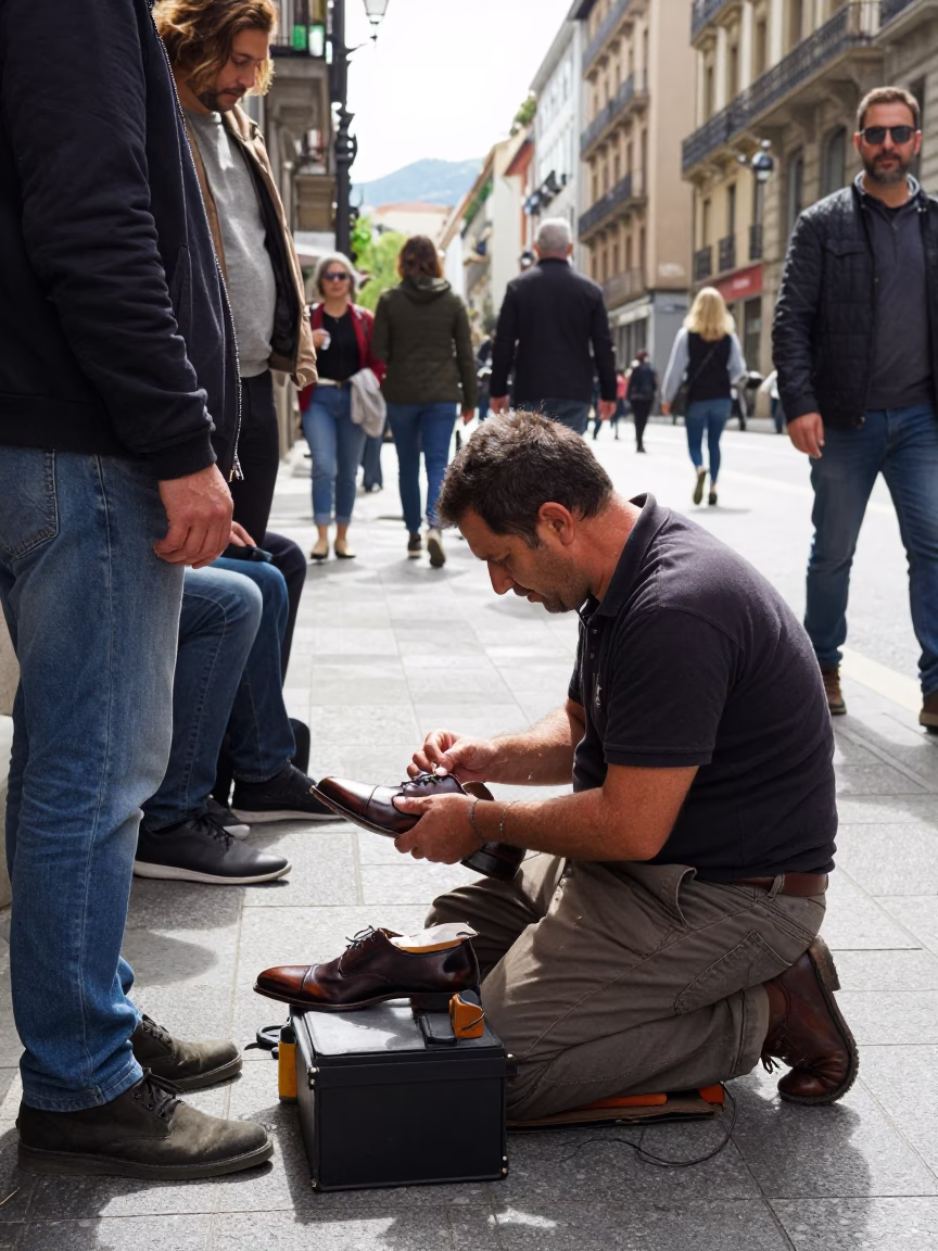Busy Bilbao Sidewalk Shoe Shiner and Urban Life Midday Scene in Spain in in Bilbao, Spain